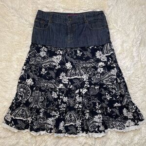 Mix Nouveau Blue Denim Floral & Paisley Midi Skirt w/ Eyelet Trim